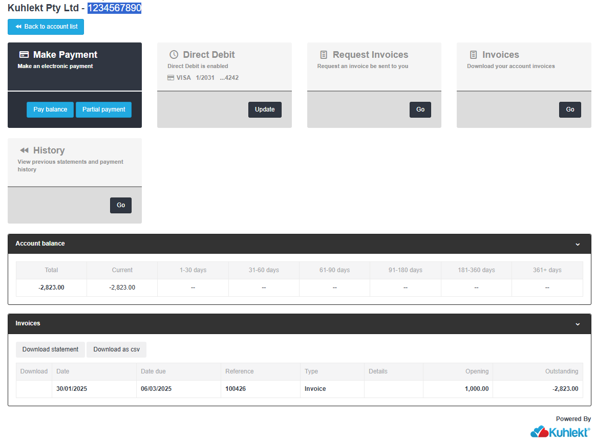 Customer Credit Portal interface showing account dashboard with balance overview, invoice management, payment options, and dispute submission capabilities