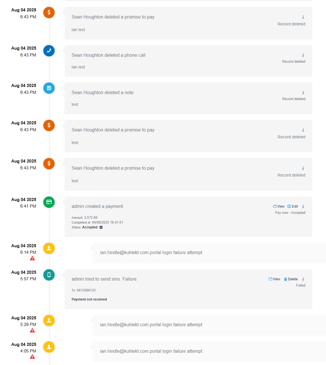 Digital Collections workflow with email templates, SMS automation, payment tracking, and activity logging